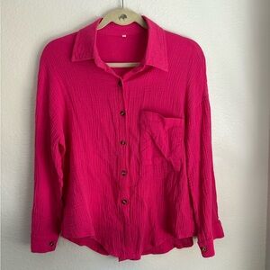 Size S Hot Pink Collared Button Down Long Sleeve Blouse w/ Oversized Pocket